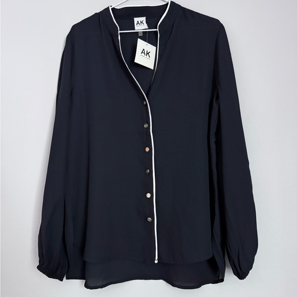 Anne Klein V-Neck Button Down Long Sleeve Chiffon Blouse with White Trim - Picture 3 of 4